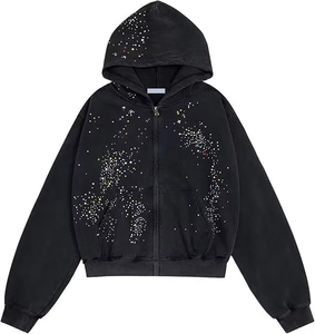 Unisex Popular Fashion Classic Loose Hooded Zipper Cotton Solid Color <b>Sticky</b> Rhinestones Spring Autumn Casual Hoodies - Product Image 1
