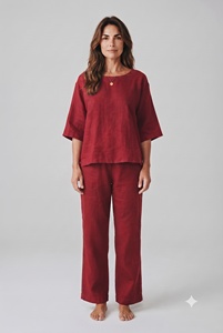 Ensemble deux pièces en coton extensible uni respirant, haut à col rond long et pantalon évasé, coupe ample avec poches, pour un usage quotidien décontracté - Product Image 1
