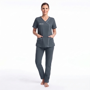 Uniforme Médico Personalizado para Mujer, Cuello en V, Manga Corta, Poliéster y Elastano, Ribete en Contraste, Bolsillos Delanteros, Ropa de Trabajo para el Sector Sanitario - Product Image 2