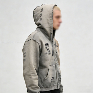 Vintage Washed Distressed Zip Up Hoodie Oversized Rivet Streetwear Sweatshirt for Men & Women - Product Image 2