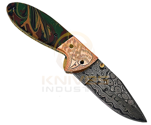 Couteau de poche artisanal OEM en acier Damas – Couteau pliant ultra-affûté avec manche en résine pour le camping et l'EDC - Product Image 1