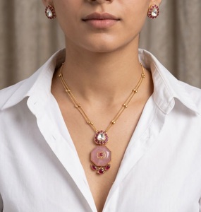 Magnifique ensemble collier et boucles d'oreilles en laiton plaqué or de qualité supérieure, style antique polonais, avec jade, pour femmes et jeunes filles, collection mariage - Product Image 2
