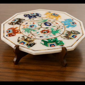 Handmade Marble Inlay <b>Elephant</b> <b>Decorative</b> Plate Octagonal Pietra Dura Stone Inlay Wall Art Panel - Product Image 2