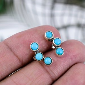 Handmade Vintage Round Shape Turquoise Gemstone 925 Sterling <b>Silver</b> <b>Stud</b> Earring New Arrival Prong Setting Wedding Party - Product Image 3