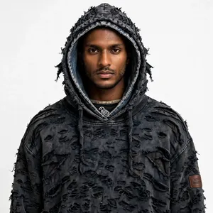 Sudadera con Capucha Personalizada, Desgastada, Rasgada, con Bolsillo de Mezclilla Lavada al Ácido, Estilo Vintage, Streetwear, Oversize, Punk, Gótico - Product Image 4