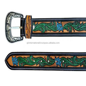 Sculpture à la main colorée et gravure florale ceinture d'outillage en cuir occidental pour hommes avec ensemble de boucle antique vintage - Product Image 3