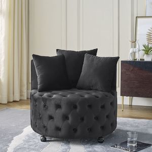 Poltrona Girevole in Velluto con Design Trapuntato a Bottoni e Ruote Mobili, Set per Soggiorno con 3 Cuscini Neri - Product Image 1