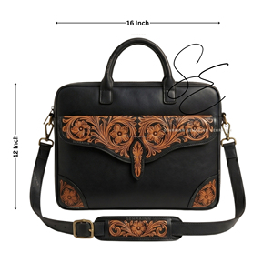 Sac à bandoulière en cuir véritable Western pour homme, classique, à motifs floraux, pour ordinateur portable, avec sangle réglable, sac d'affaires unisexe, sac messager noir - Product Image 3