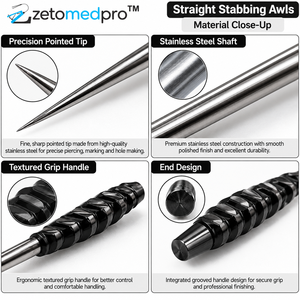 Juego de 2 punzones rectos de acero inoxidable con puntas afiladas y agarre negro para coser cuero ZETOMEDPRO - Product Image 2