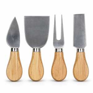 Ensemble de 4 couteaux à fromage avec manches en bois, en acier inoxydable, pour couper, trancher et servir les fromages doux et durs, pour les fêtes, la maison et la cuisine - Product Image 1