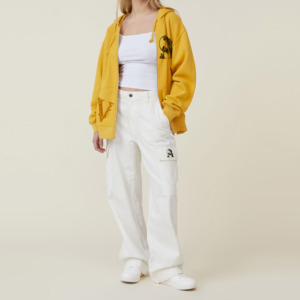 Ensemble de survêtement en coton pour femme, coupe régulière, imprimé lettres, décontracté, pour l'automne, pantalon blanc, sweat à capuche jaune, 2 en 1 - Product Image 1