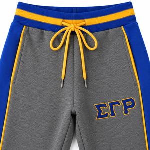 Pantalones Deportivos Grises Azul Rey con Franja Lateral Amarilla, Diseño de Letras Griegas, Cintura Elástica con Cordón, Pierna Recta, Joggers Atléticos Casuales - Product Image 5