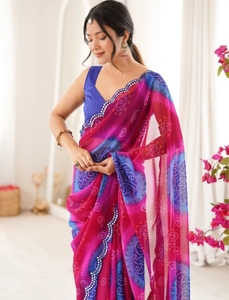 Sari de Georgette KV para Mujer, Estampado Floral, Bordado Bandhani, con Blusa Sin Coser - Product Image 1