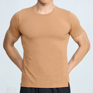 T-shirt décontracté à col rond avec fente latérale et logo personnalisé pour homme, t-shirt uni - Product Image 3