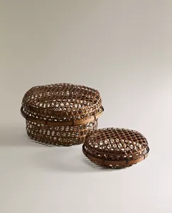 Panier en bambou tissé à la main, conteneurs de rangement ronds avec couvercle, organisateur de cuisine, boîte alimentaire écologique avec compartiments, accessoires pour la maison - Product Image 4