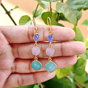 Multiple chalcedony checker cut fancy stone bezel setting drop <b>hook</b> <b>earring</b> handmade 18k gold plated gemstone dangle ear jewelry - Product Image 4