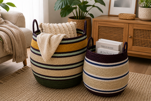 Handwoven Storage <b>Basket</b> with Handles Multi-Color Striped <b>Plant</b> Fiber Bowl Folk Art Style <b>for</b> Home Organizing - Product Image 5