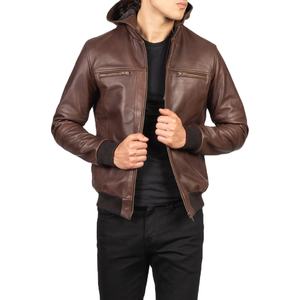 Blouson aviateur en cuir avec capuche amovible et cuir de vachette véritable, finition pull-up, pour homme ou femme. - Product Image 1