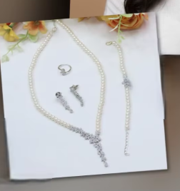 Conjunto de Collar con Perlas de Aspecto CZ y Acabado Plateado de Moda, con Aretes, Anillo y Brazalete para Fiesta, Colección Moderna para Mujer - Product Image 2