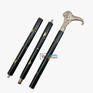 Canne de marche en bois noir pliable et réglable, style Art Déco, avec motif lion en laiton nickelé vintage, pour hommes et femmes âgés - Product Image 2