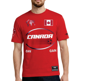 T-shirt à manches courtes pour homme, rouge Canada, avec drapeau et motif de football, coupe classique, imprimé sur le devant, col rond - Product Image 1