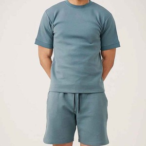 Ensemble d'été 2 pièces en coton pour homme, col rond, couleur gris, respirant, tricoté, décontracté - Product Image 5