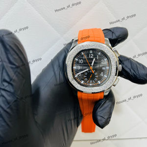 Reloj Cronógrafo Iced Out de Acero Inoxidable con Bisel de Moissanita, Correa de Goma Naranja, Estilo Hip Hop Bling, Ligero, Unisex - Product Image 1