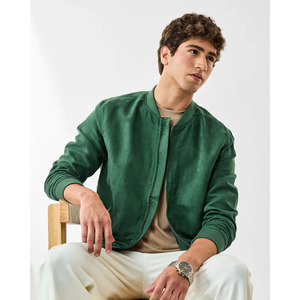 Men's Green <b>Suede</b> Bomber <b>Jacket</b> Stand Collar Zipper Closure Casual Autumn Wear Regular Fit Solid Color - Product Image 4
