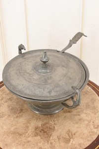 Antique Metal Soup Tureen with Ladle – Signed Steel Serving Bowl – Unique Vintage <b>Kitchen</b> Decor - Product Image 6