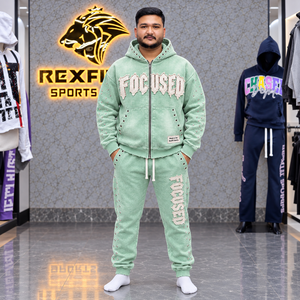 custom Applique Full Zip Tracksuit for Men Rhinestone Fleece Hoodie <b>Cuffed</b> <b>Joggers</b> Washed Winter Wear Custom Label Sets - Product Image 1
