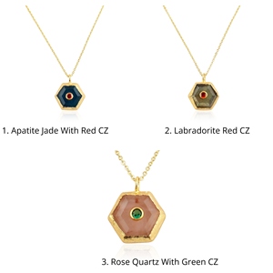 Collier Pendentif Tendance en Laiton Plaqué Or 18 carats avec Pierres Précieuses Synthétiques Apatite, Jade, Quartz Rose, Labradorite, Forme Hexagonale Taillée - Product Image 2