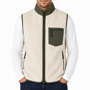 Ivory Cream Olive Green Unisex Sherpa Fleece <b>Vest</b> Full Zip Stand Collar Triple Zip Pockets Custom Sherpa Fleece <b>Vest</b> OEM Clothes - Product Image 1
