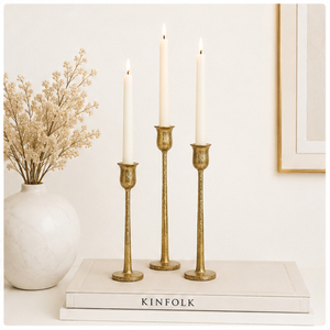 Gold Taper Candle Holders Set of 3 Antique <b>Brass</b> Finish Metal <b>Candlestick</b> Holders for Table Centerpiece Tulip Candle Stand - Product Image 6