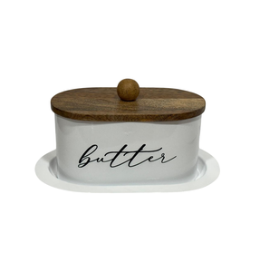 Mantequillera de Esmalte Blanco con Tapa de Madera de Acacia, Contenedor Grande para Mantequilla, Caja de Almacenamiento para Cocina Estilo Rústico - Product Image 3