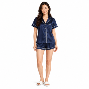 Wholesale <b>Womens</b> Navy <b>Satin</b> Pajama Set <b>Robe</b> Set Contrast Piping Short Sleeve Machine-Washable Washed OEM ODM Custom Sleepwear - Product Image 1