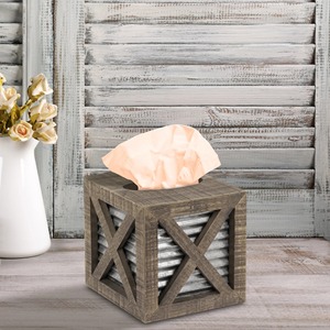 Decorative Rustic Barn Wood And Galvanized Steel Tissue Case Bathroom <b>Vanity</b> Farmhouse Style Square Wooden Tissue <b>Box</b> Holder - Product Image 6