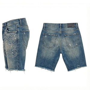 Streetwear Custom Baggy Vintage Wash Straight Leg Distressed Rhinestone <b>Jeans</b> Denim Shorts Jorts for <b>Men</b> - Product Image 2