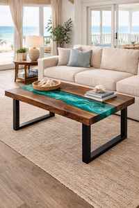 Table de salle à manger de luxe sur mesure en bois massif avec design rivière, tables de restaurant, table en résine époxy - Product Image 4