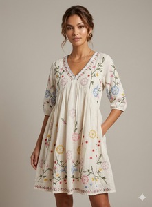 Boho Floral Embroidered Cotton Dress V-Neck <b>Three</b> Quarter Sleeve A-Line Mini Loose Fit Daily Wear Spring Style Ladies Evening - Product Image 1