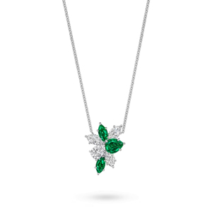Collar con colgante de flor con diamantes de corte marquesa y esmeraldas en plata 925 con cadena de caja chapada en rodio para mujer, estilo de lujo. - Product Image 1