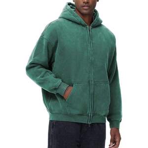 Sweat à capuche zippé surdimensionné pour homme, style vintage délavé à l'acide, en coton épais, vert, streetwear, effet délavé minéral, rétro - Product Image 1