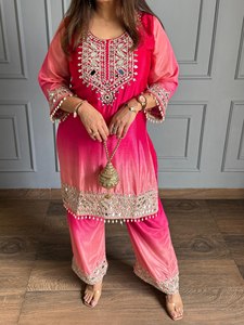 Ensemble Kurta Palazzo brodé rose miroir, tenue ethnique pakistanaise pour femmes, robe de fête de mariage - Product Image 4