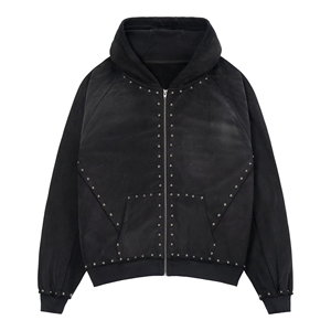 Custom Men <b>Black</b> Studded Rhinestone Zip Hoodie 350GSM Heavyweight Cotton <b>Fleece</b> Regular Fit Streetwear Winter Eco-Friendly - Product Image 1