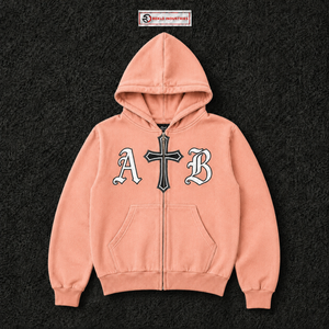 Sweat à capuche zippé rose pêche personnalisé, coupe oversize, motif croix gothique et lettres AB, streetwear unisexe, pour homme - Product Image 5