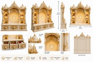Traditional White and Gold Wood <b>Mandir</b> with Om Back Design Peacock Design Wooden <b>Mandir</b> for Living Room Decor Pooja Temple Unit - Product Image 6