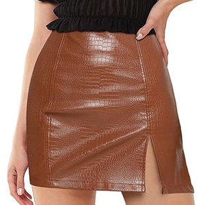 Jupe mini en cuir taille haute pour femme, couleur unie, fente asymétrique, style club sexy, design brillant - Product Image 3