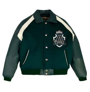 Chaqueta Universitaria Avirex con Emblema de Corona, en Cuero Verde Oscuro, Fusión de Prestigio, Potencia y Elegancia Urbana Atemporal - Product Image 1