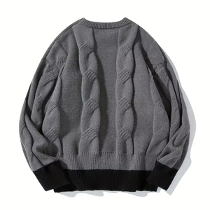 Suéter de Punto Grueso para Hombre 2026, Color Gris Sólido, Puños Negros, Ropa de Invierno, Manga Larga, Corte Regular, Patrón de Punto Trenzado - Product Image 3