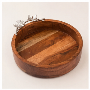 Handcrafted Acacia Wood Round Serving Bowl With Artistic Silver <b>Butterfly</b> Branch Handle Elegant Decorative Tabletop Fruit Decor - Product Image 5