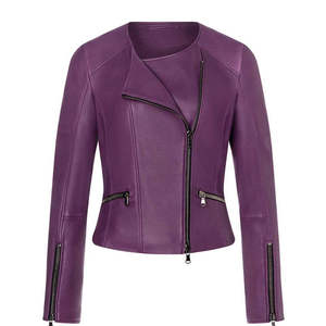 Veste moto en cuir PU violet, coupe ajustée, fermeture éclair asymétrique, couleur unie, style automne, veste unisexe - Product Image 1
